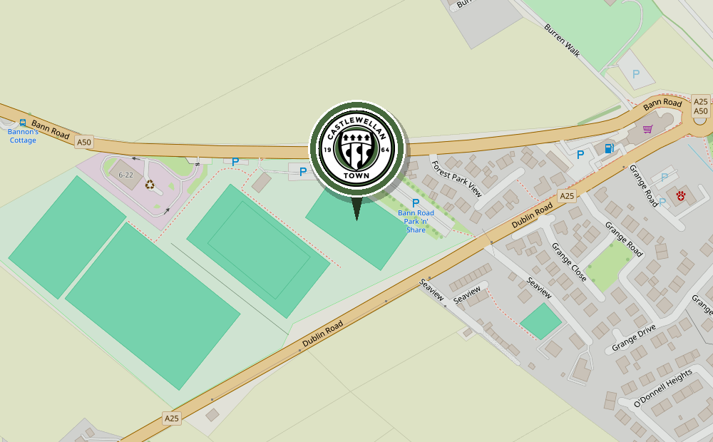 Map showing Corrigan Park, Bann Road, Castlewellan, marked with the Castlewellan Town FC crest